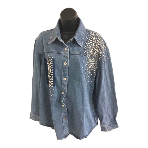 Beautiful denim crystal rhinestones studded‎ button down shirt size medium new - Picture 11 of 16